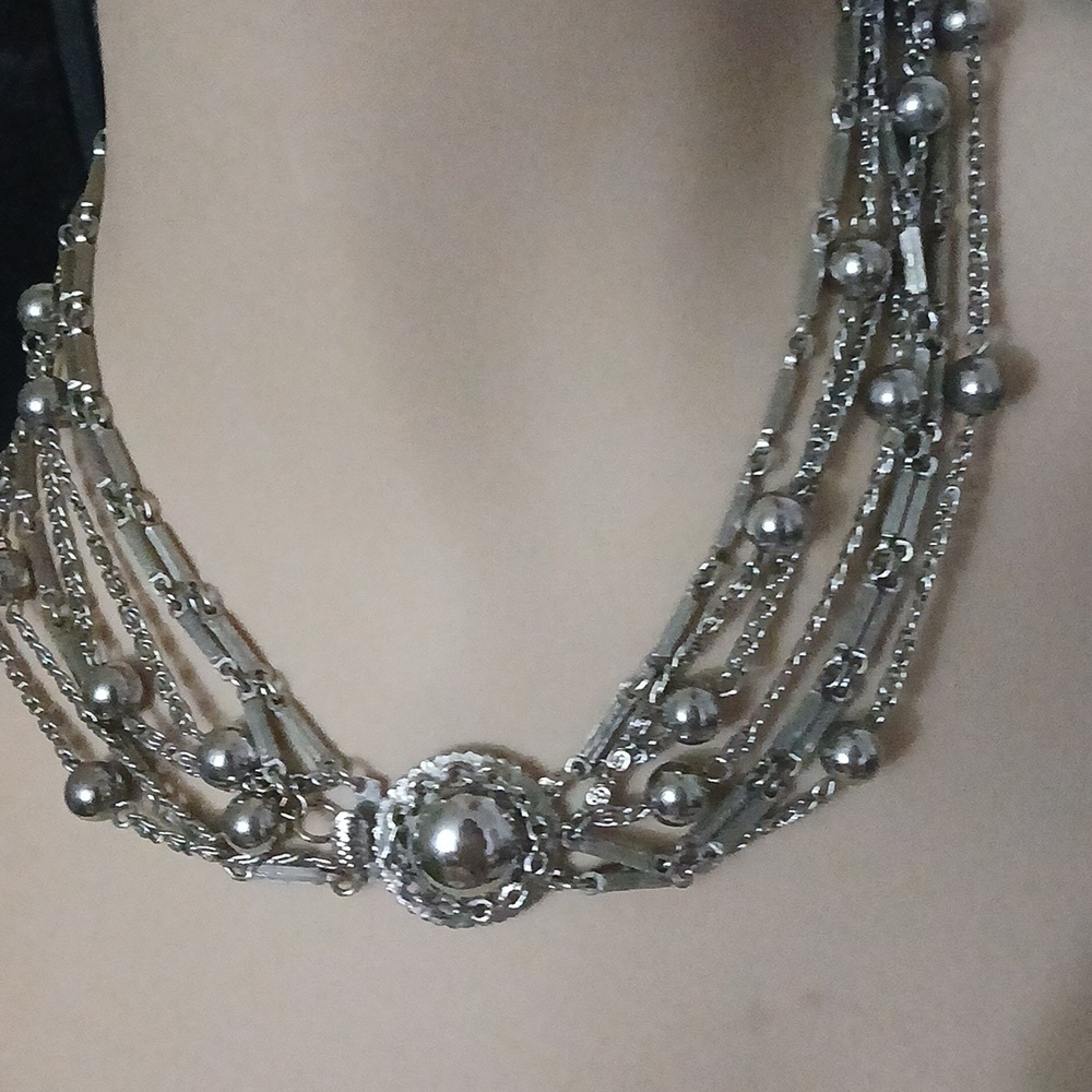 Silver Multistrand Chain Ball Bead Medallion Clasp Necklace